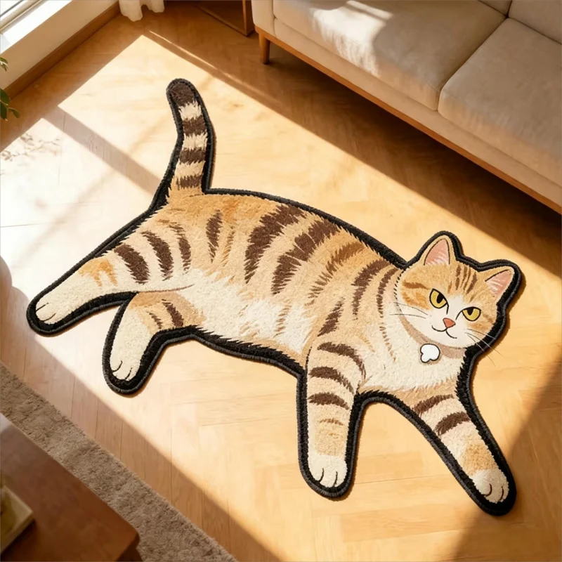 VIKAMA Lazy Stretch Tuxedo Cat Irregular Plush Rug Soft Non Slip Bedside Living Room Pet Room Balcony Rug Home Decor