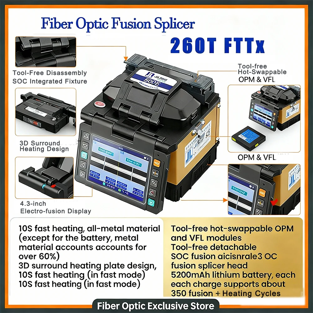 

Jilong 260T-FTTx fiber fusion splicer All-Metal Construction10s Rapid Heating Fiber Optic Hot melt machine Buin in VFL/OPM