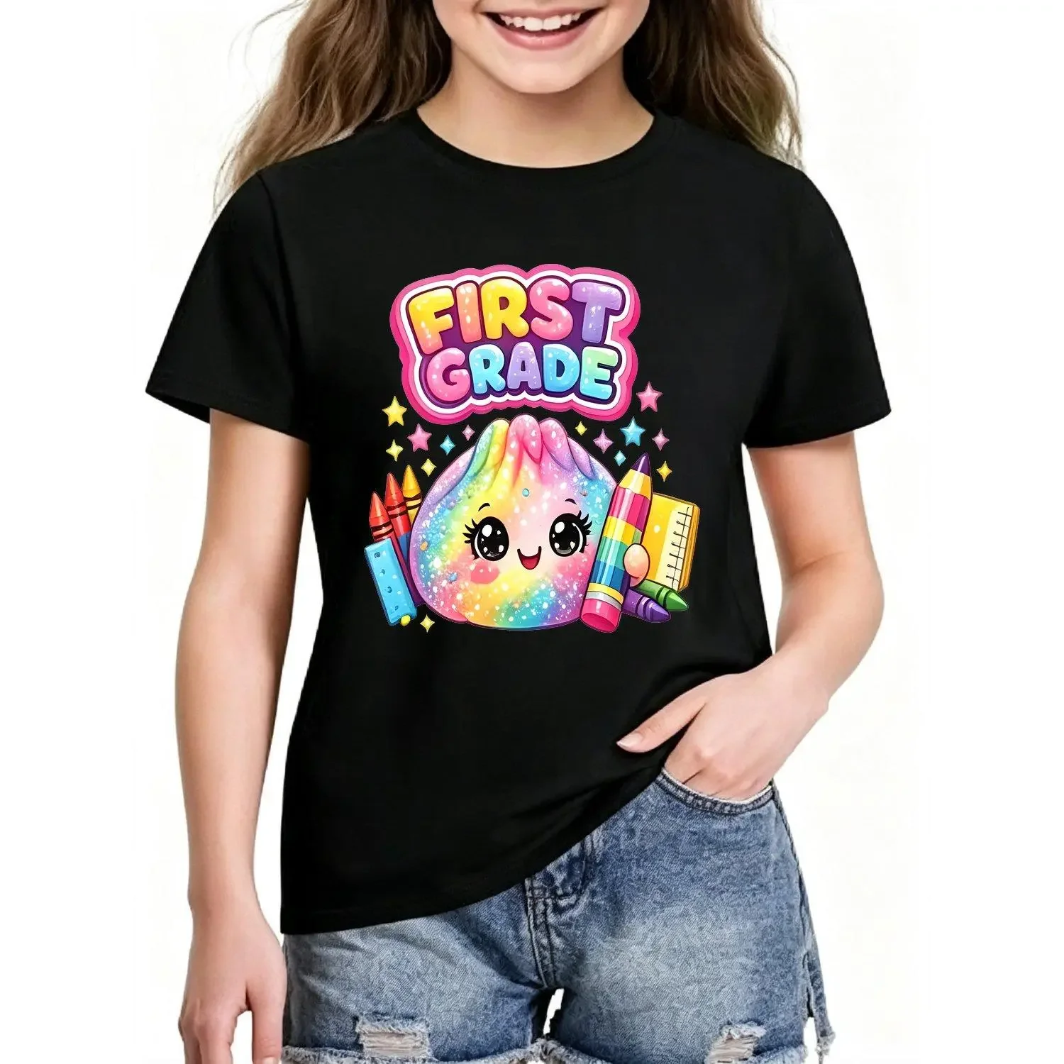 First Grade Back to School Rainbow Glitter Dumpling Print Short Sleeve Girls T Shirt Top Tee for Kids Youth Casual Style