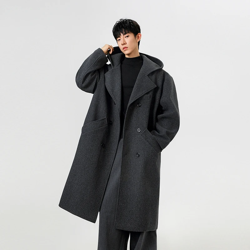 

Trench men 2025 new autumn winter men imitation wool fabric hooded wool overcoat suit collar double breasted mid long length