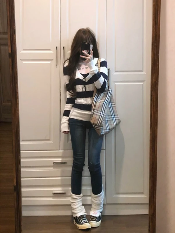 

American Style Chunky Knit Sweater Women's Autumn Winter Slimming V-Neck Striped Waist-Cinching Top Color Block Beautiful