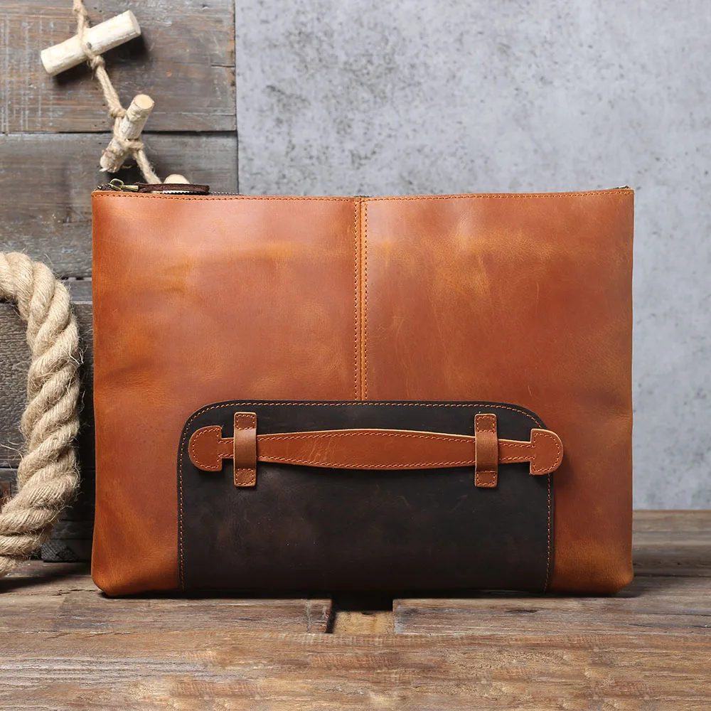 S.WORKER Clutch-Tasche aus echtem Vollnarben-Rindsleder, Herren-Handtasche, Vintage-Tasche, lässige Handtasche mit großem Fassungsvermögen für Herren – Detail 6