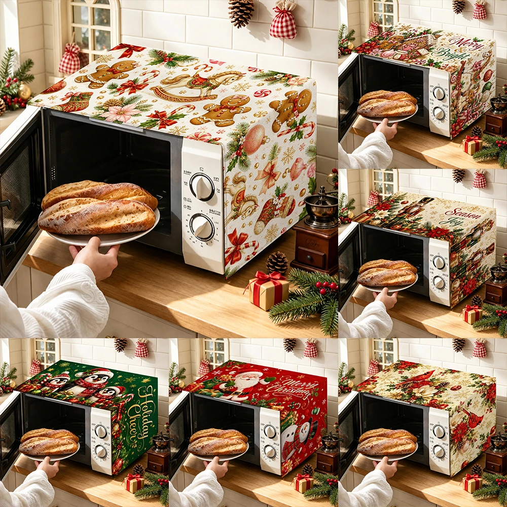 1pc Christmas Microwave Oven Cover, Vintage Holiday Kitchen Decor Dust-Proof Appliance Protector