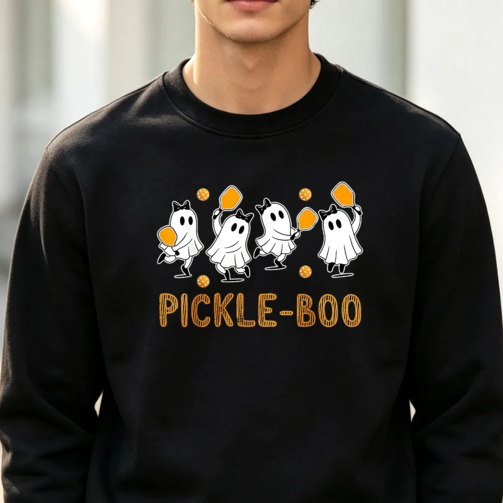 Pickle Boo Crewneck Sweatshirt Unisex Cute Ghost Pickleball Player Graphic Pullover Halloween Sports Long Sleeve Streetwear Tops