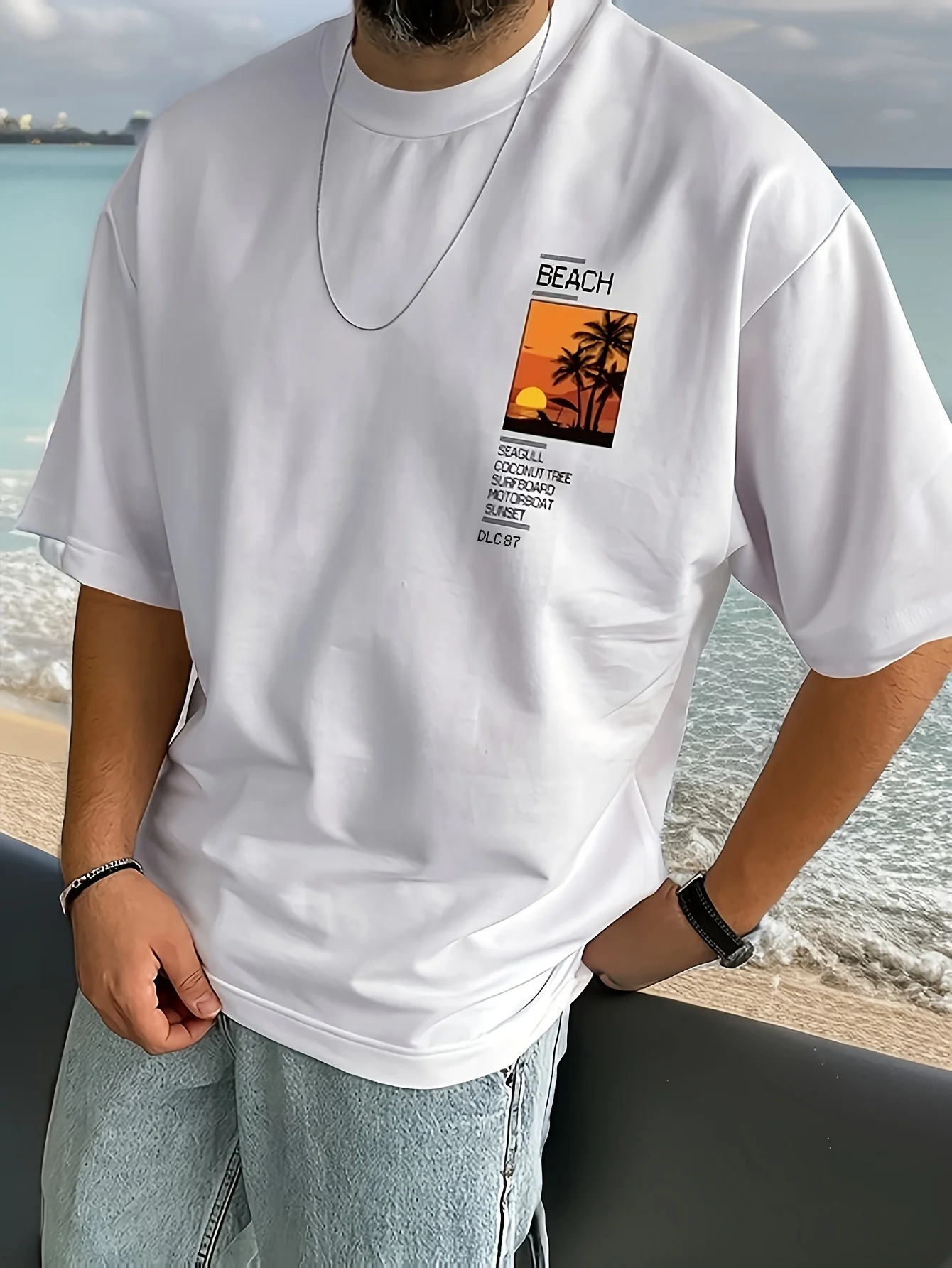 Retro Strand Sonnenuntergang Palmen-Print auf 100% Baumwolle Herren T-Shirt Ideal für Sommer-Strandausflüge und Lässige Urbane Ausflüge