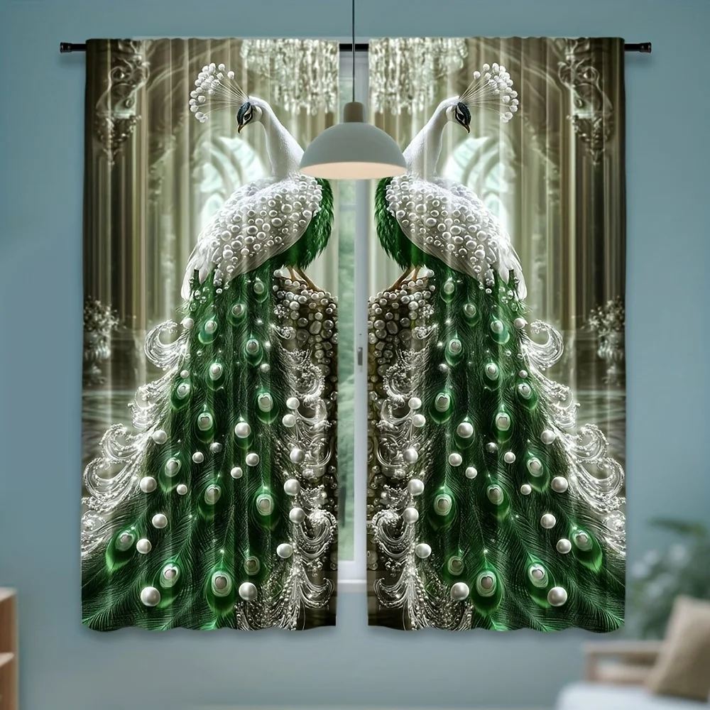 2pcs Green Peacock Curtains Pearl Embellished Feathers  Printed Artistic Design Waterproof Window Drapes Elegant Home Decor
