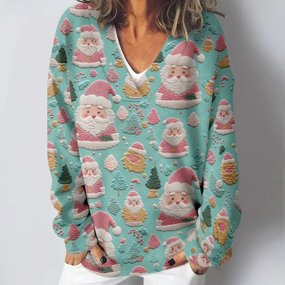 Brzydka bluza świąteczna niegrzeczny święty mikołaj z nadrukiem dekolt w serek Casual Kawaii zimowe klasyczne śmieszne swetry damskie Solf przytulne topy