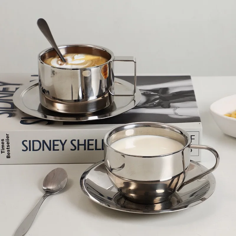 Stainless Steel Coffee Cup Set Tableware Kitchen Cafe Accessories Double Walled Heat Resistant Mug with Saucer Spoon Drink