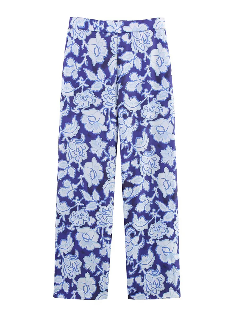 

2025ZA&JIA new women's clothing European and American style flower print elastic waist casual straight trousers