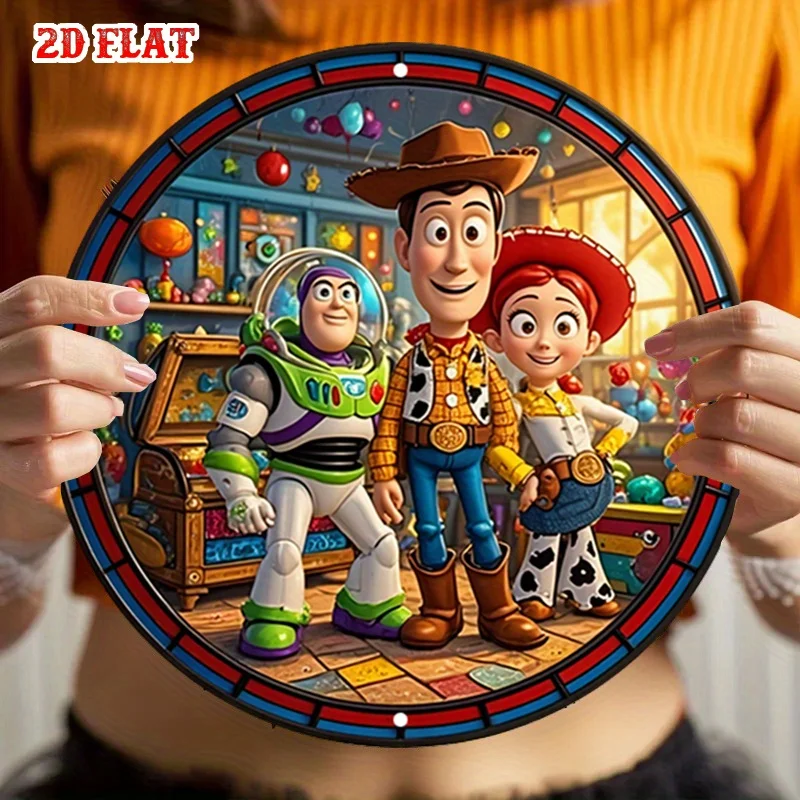 [2D Flat] قطعة واحدة من علامة معدنية مسطحة عتيقة مستوحاة من قصة الالعاب - Woody، Buzz Lightyear & Jessie - ديكور حائط من الألومنيوم المستدير الريفي