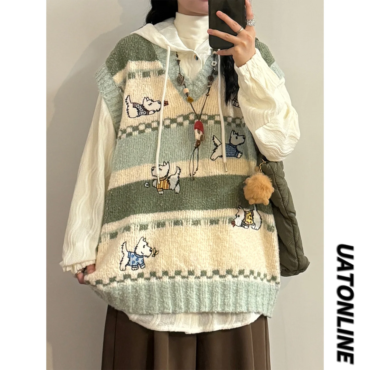 

UATONLINE American Retro Fun Dog Embroidery Color Blo Knitted Vest Sweater Layering Women's Street Sle Loose Fit V-Ne