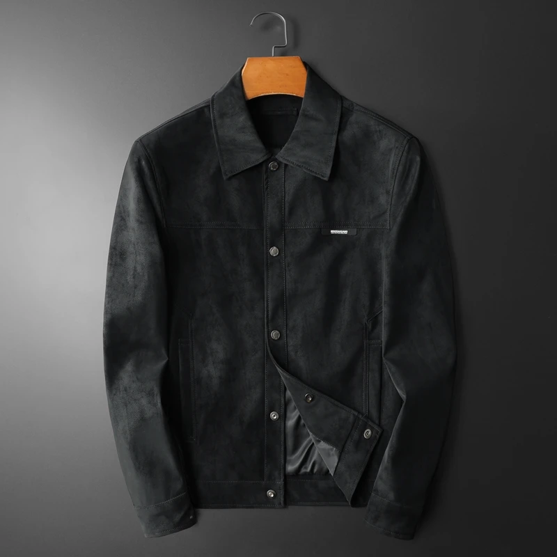 

Новая высококачественная кожаная куртка 2025 года, модная однотонная кожаная куртка с лацканами, мужская кожаная куртка облегающего кроя