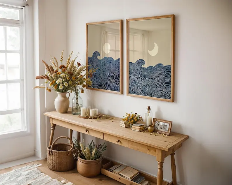 Conjunto de 2 Impressões de Arte em Tela Minimalista Japandi com Lua Crescente, Pôster Abstrato de Paisagem sem Moldura para Decoração de Sala de Esta