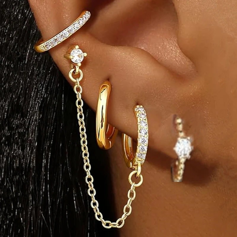4PC Chain Huggie Earring Set Voor Vrouwen Mode Bloem Tragus Hoepel Oorbellen Bulk Kraakbeen Piercing Helix Sieraden Kwab Earing Lot