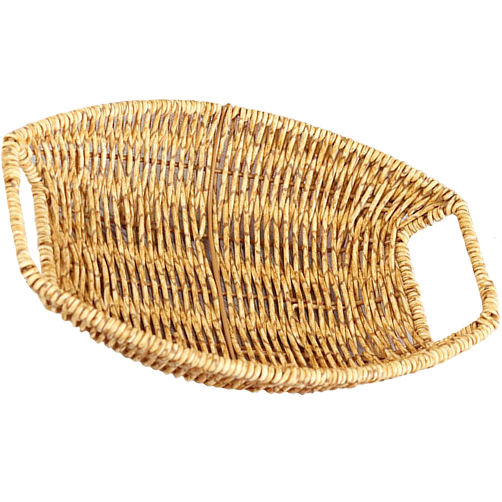

Hand Woven Storage Basket Fake Rattan Tray Desktop Organizing Basket Snack Storage Baskets Fruit Holder Cake Display Stand