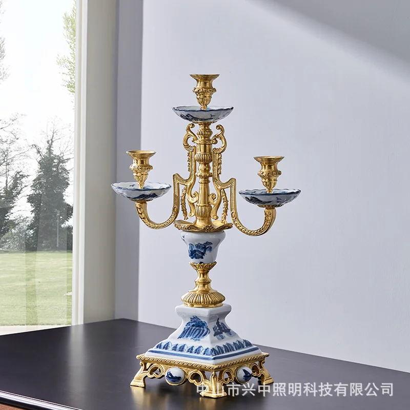 DSA luxury soft home model room decoration, luxury nostalgic ceramic with copper candlestick creative ornament
