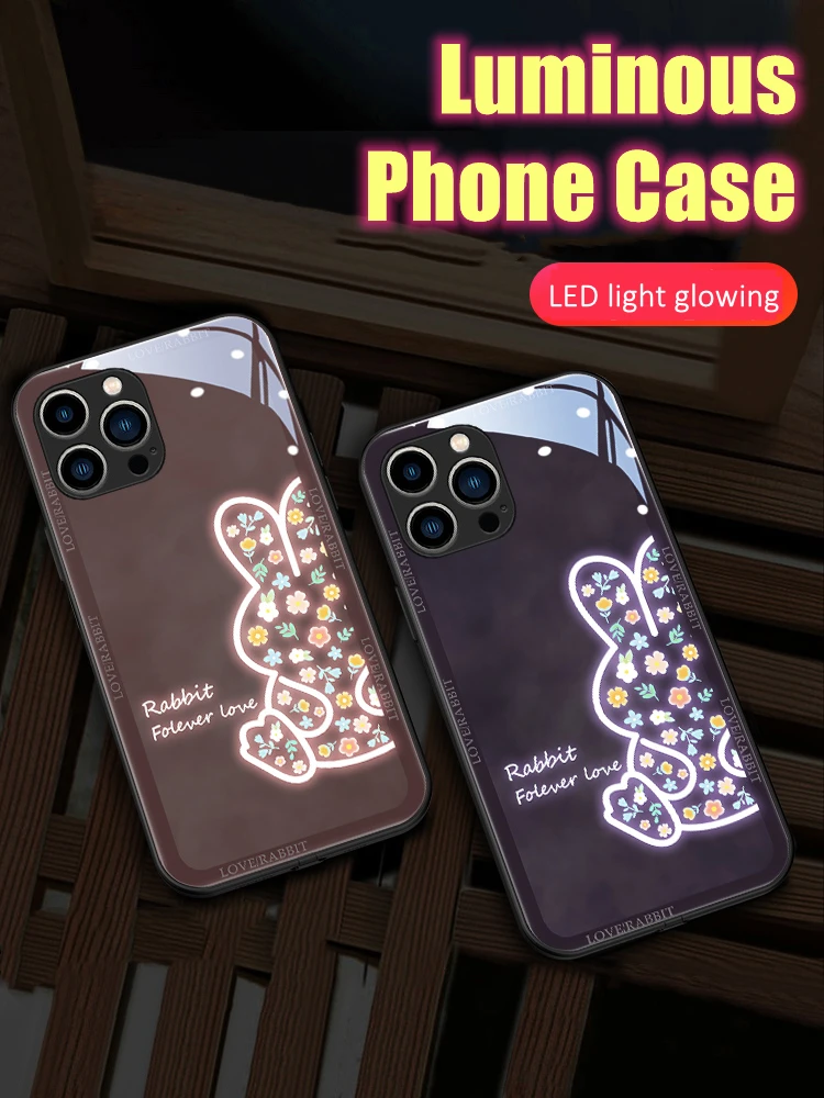 

Floral Rabbit LED Light Glowing Luminous Phone Case Friend Birthday Gift for Xiaomi 11 12 13 Redmi K40 K50 K60 Pro Lite Ultra