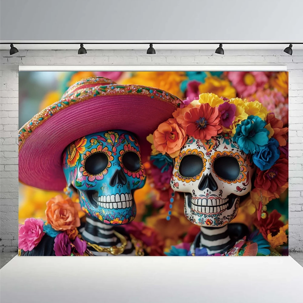 Mexican Carnival Day of The Dead Backdrop for Halloween Party Colorful Flowers Skull Fiesta Cinco DeMayo Photography Background