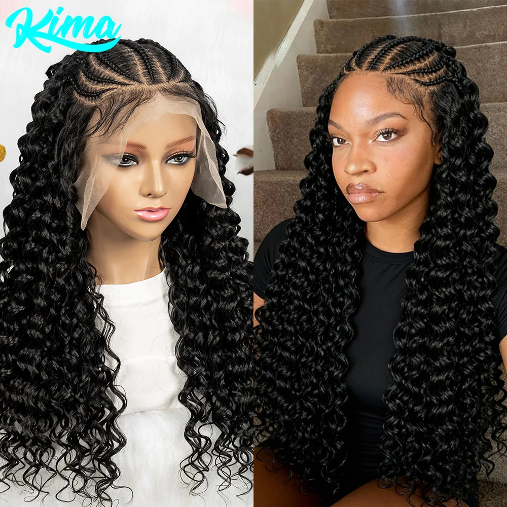KIMA Cornrow Box Плетеный парик с вьющимися волосами Водная волна Текстура Cornorw Плетеный парик Синтетические парики на шнурке 13x6 для чернокожих женщин