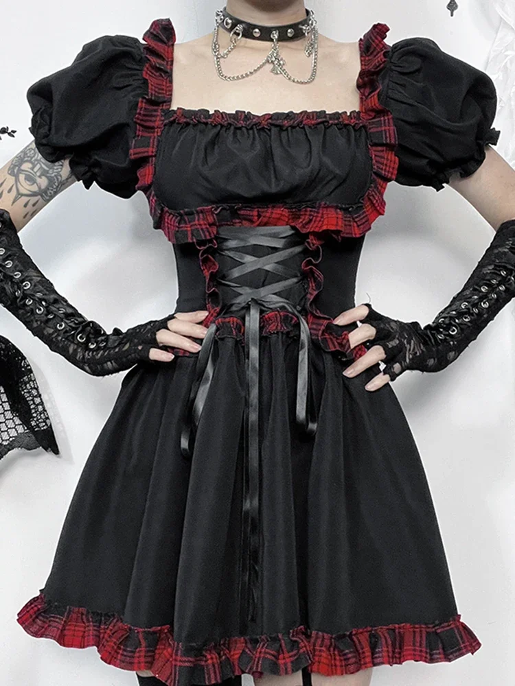 AltGoth Cute Sweet Gothic Lolita Dress Women Streetwear Harajuku Dark Punk Cosplay Red Plaid Hem High Waist Bandage Corset Dress