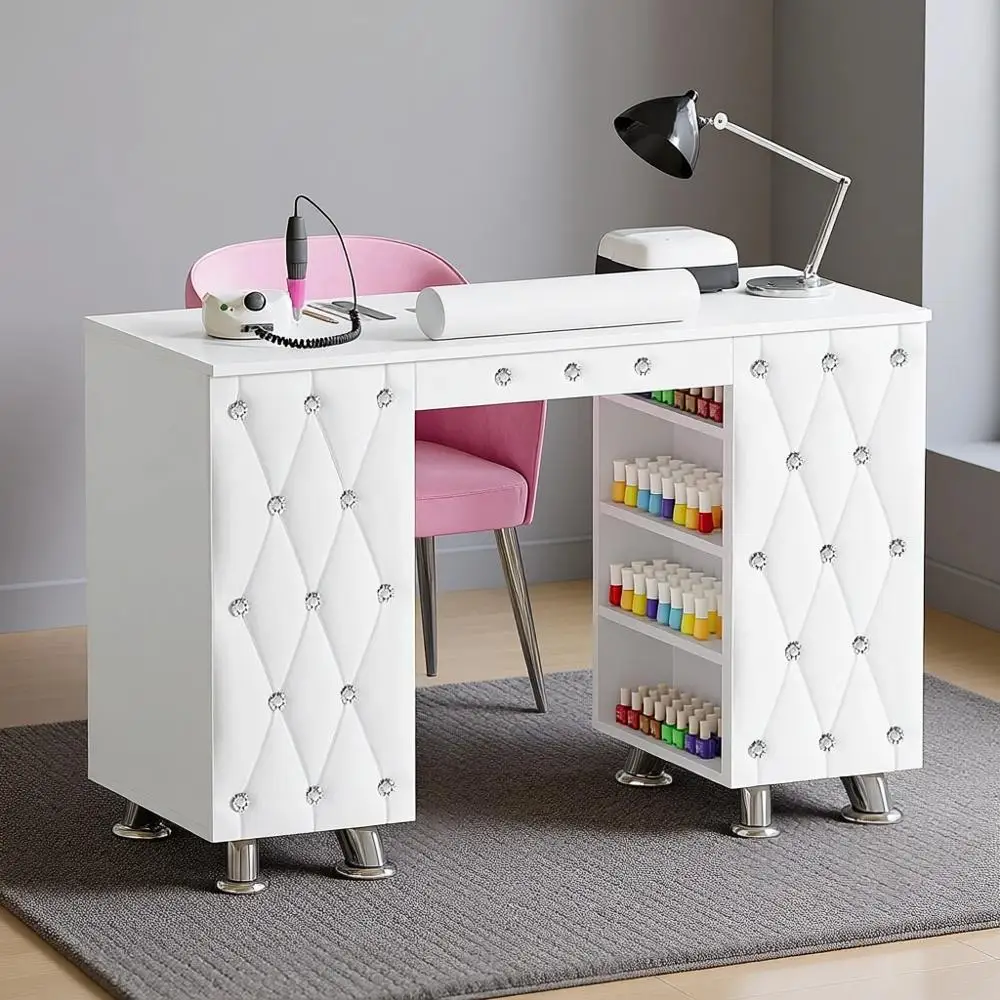 

Acetone-Resistant Nail Station with Dust Collector, Wrist Rest, Drawers, and White Leather Pad