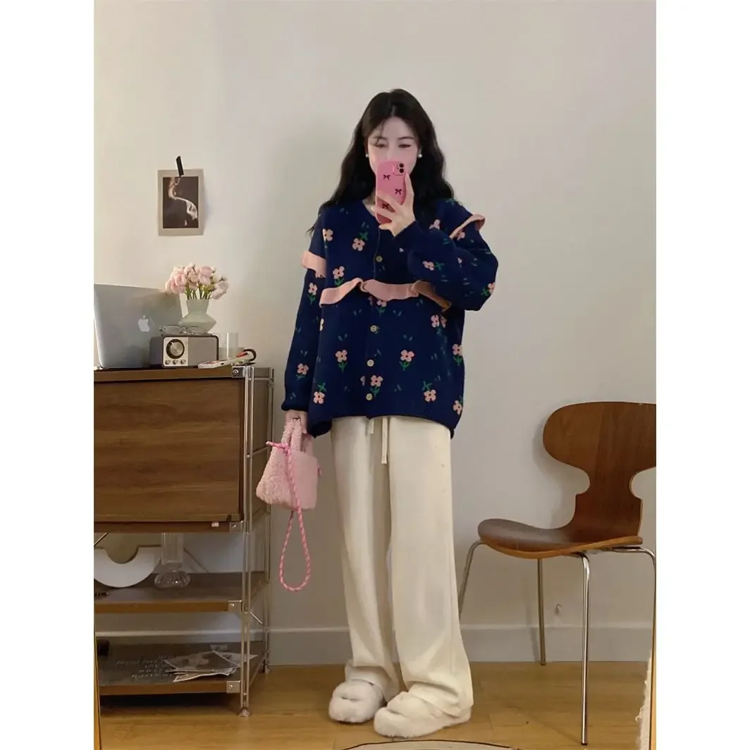 Nice Winter  New Sweet All-match Casual Temperament Loose Sweater Women Clothes Lolita Floral Patchwork Cardigan Knitting To