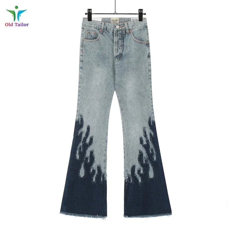 Heavyweight Denim Splicing Flame Hip Hop Trousers Light Blue Washed Splicing Mens Womens High End Jeans