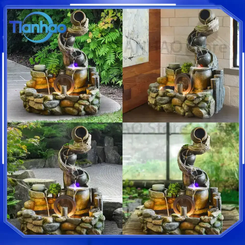 Resin Fountain Water Feature Ornament for Garden Yard Patio Entryway Landscape Decoration with Artificial Rock and Fish Pond