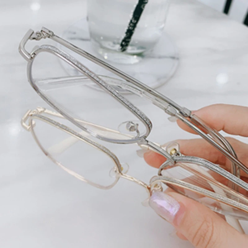 Metal Frame Fashion Plain Glasses Gold Silver Black Flat Lens Glasses Glitter Anti-Blue Light Reading Large Frame Glasses Women