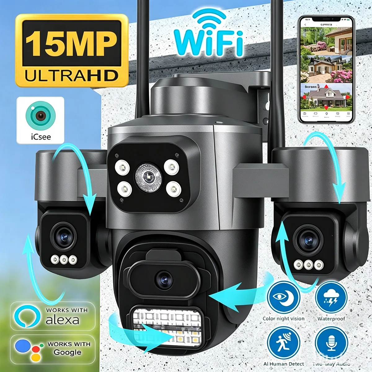 15MP ICSEE Protocol Security Camera 3-HD Screens Auto Tracking Color Night Vision 2-Way Audio Outdoor WiFi CCTV Cam