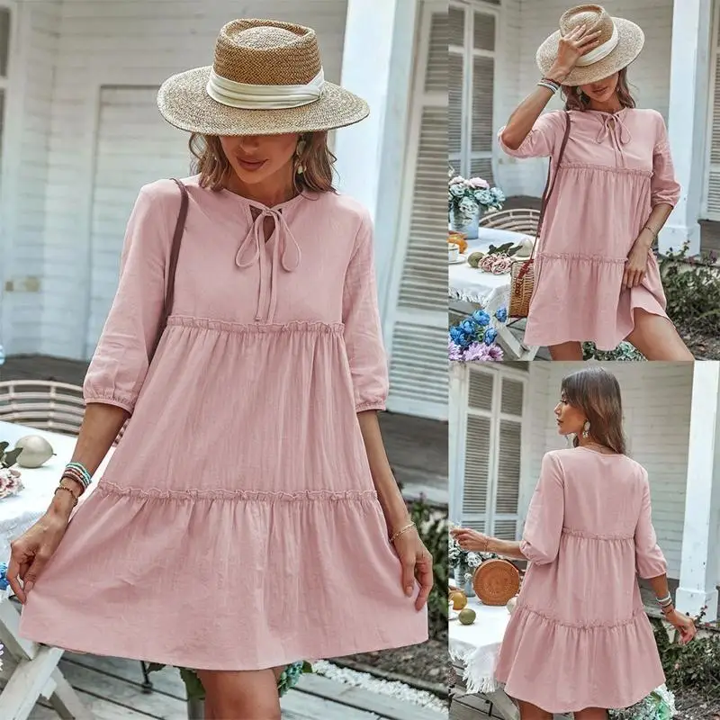 l38e-women-half-sleeve-lace-up-v-neck-color-ruffle-hem-loose-mini-swing-dress
