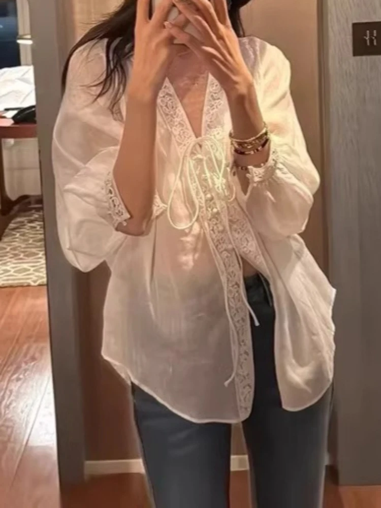 2026 Blusas Mujer De Moda Lace Patchwork Korean Blouse Chic V Neck Bandage Elrgant Blouses Fashion Shirts Women