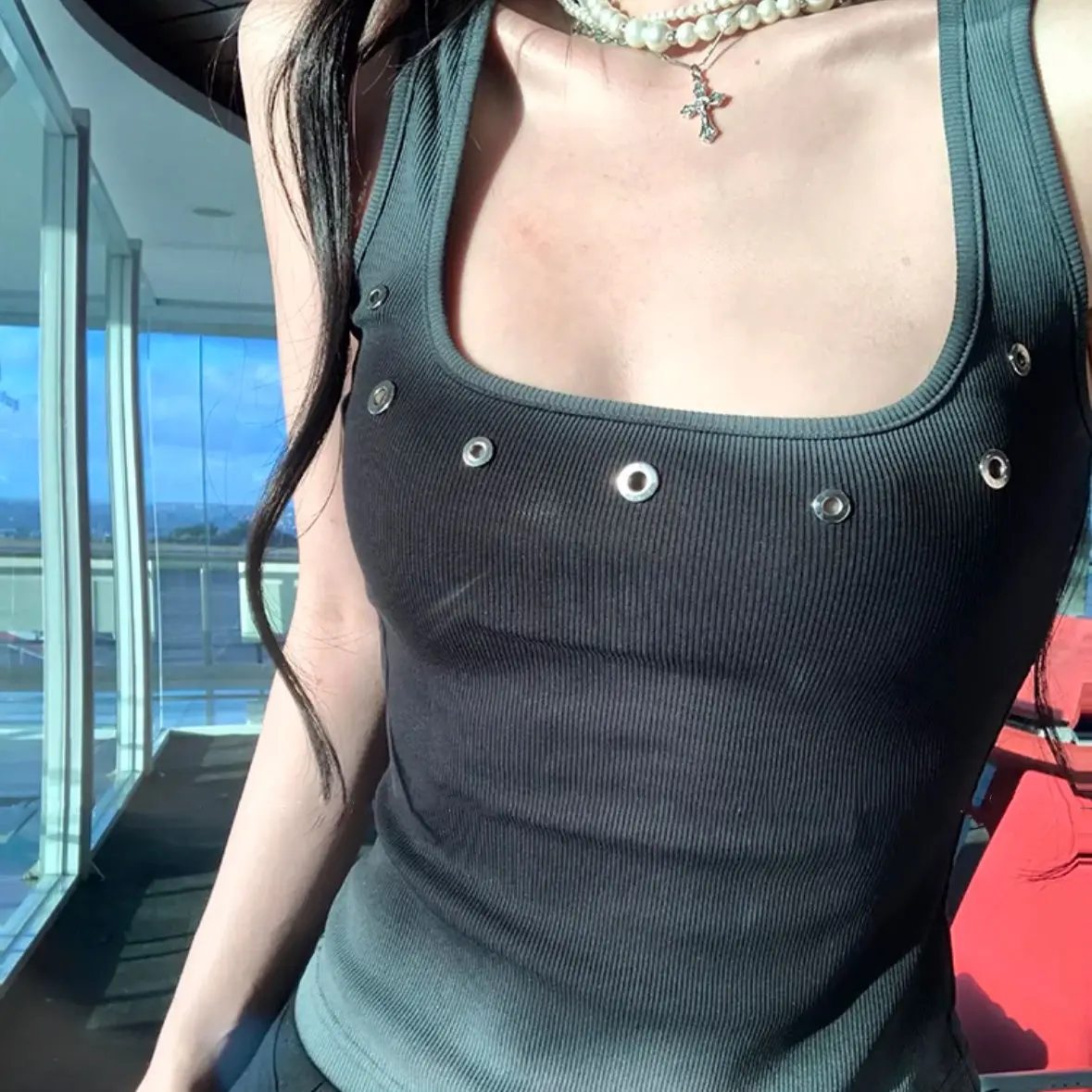 Tank Tops Gradual Change Hollow Garnet Red  Y2k Vintage Skinny Crop Tops Streetwear American Retro Sleeveless Tops
