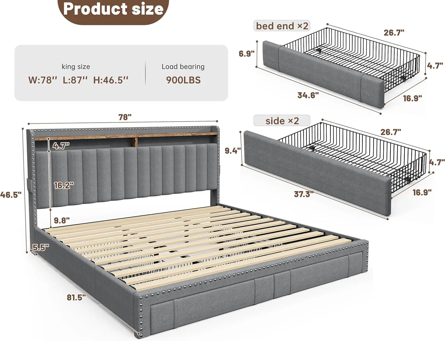 King Size Bed Frame with 4 Storage Drawers, Upholstered King Bed Frame and headboard with 2-Tier Shelves,Mattress Foundation