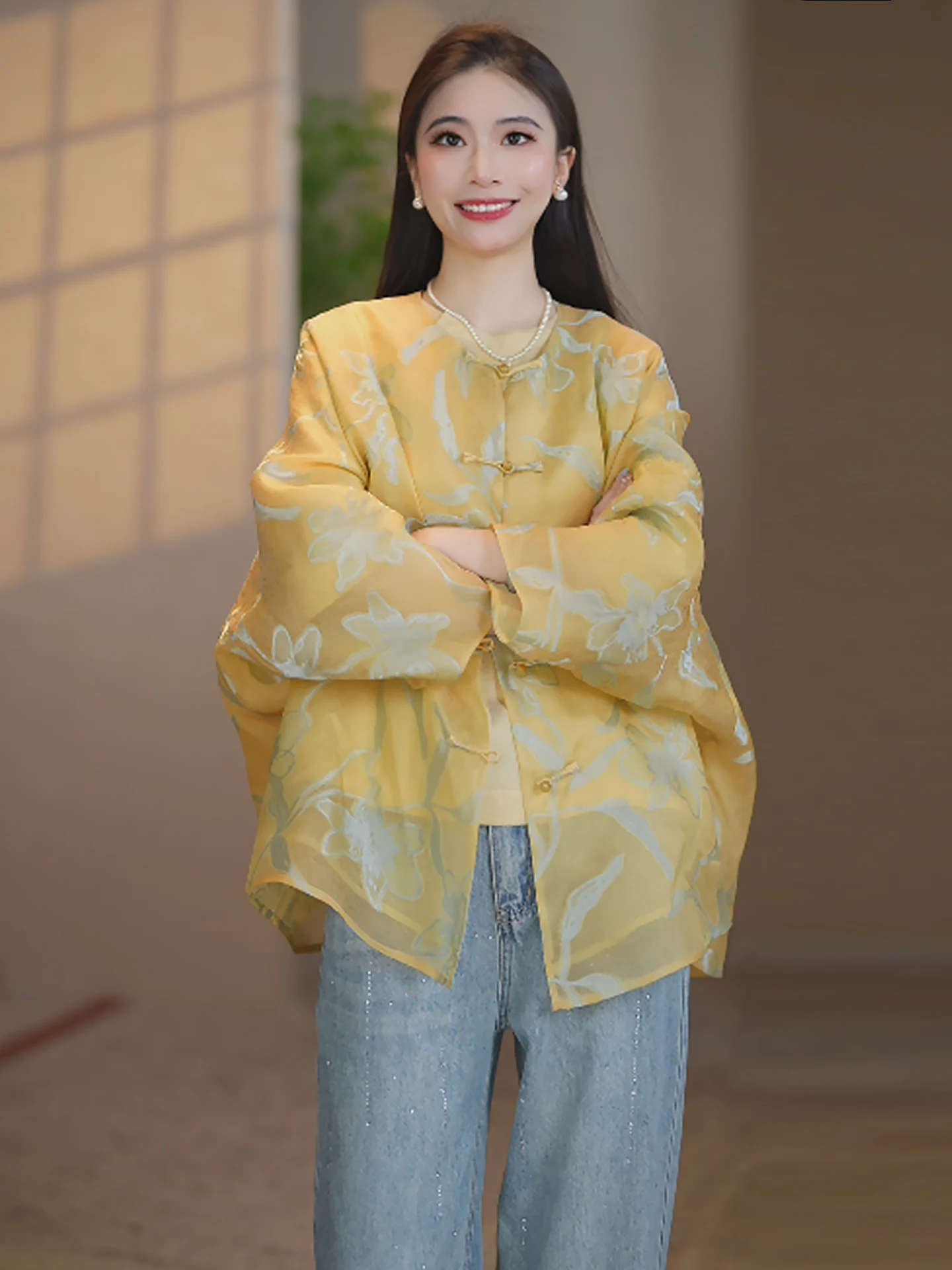 

Женская дышащая солнцезащитная кофта из шелкового жоржета DaoXiang с круглым вырезом и длинными рукавами, в китайском стиле, с эффектом омоложения