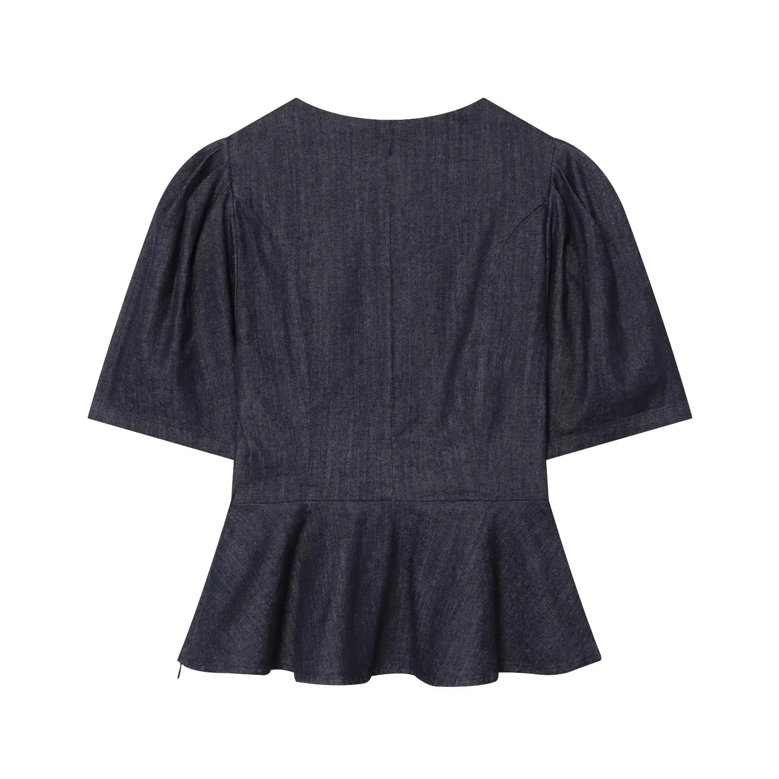 Willshela Women Fashion With Button Blue Side Zipper T-Shirts Tops Vintage V-Neck Short Puff Sleeves Female Chic Lady T-Shirts