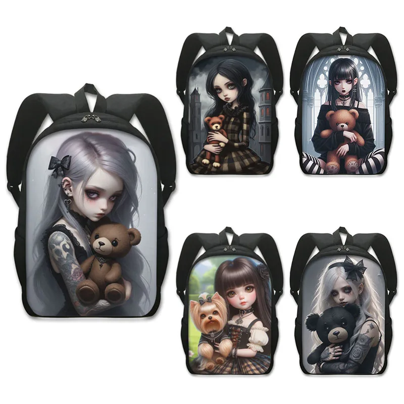 Gothic Girl and Bear Doll Backpacks Cartoon Goth Girls Daypack Women Laptop Backpack Large Capacity Storage Bag Rucksack Gift