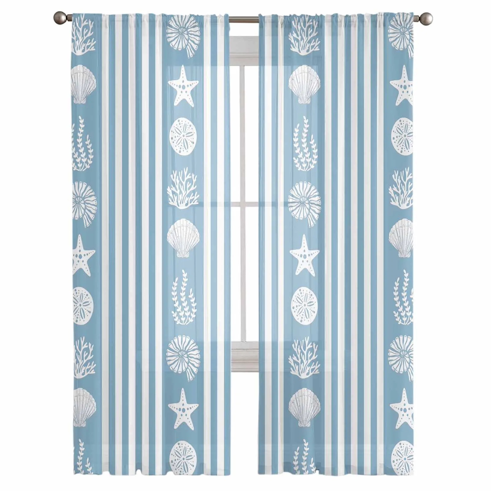 Ocean Striped Starfish Shell Jellyfish Coral Blue Tulle Curtains for Living Room Bedroom Sheer Voile Drapes Modern Curtains