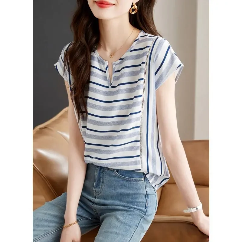 Women Striped V Neck Loose Blouse Short Sleeve Casual Summer Top Lightweight Chiffon Shirt