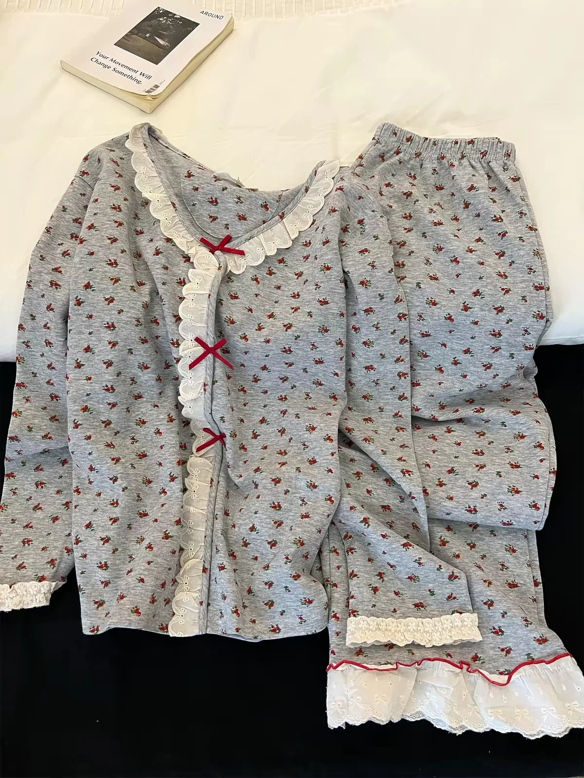 Korean Style Floral Lace Trim Sleepwear Set Women's Spring Autumn New Sweet Girl Long Sleeve Long Pants Home Clothes Suit