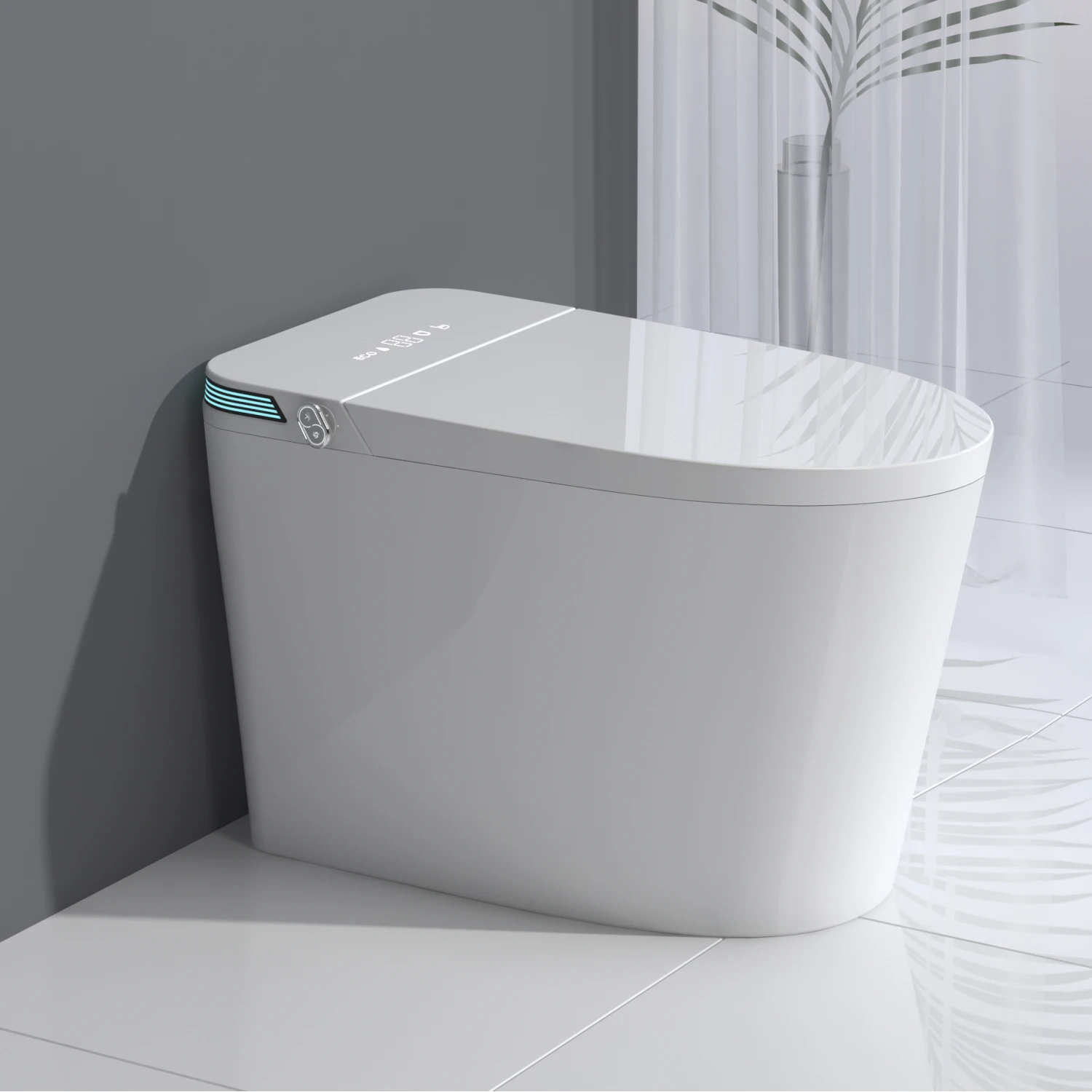 Vaso sanitário inteligente inteligente de luxo com pulverizador de água quente, secador, descarga automática, sensor de pé, assento de bidê aquecido, display LED branco