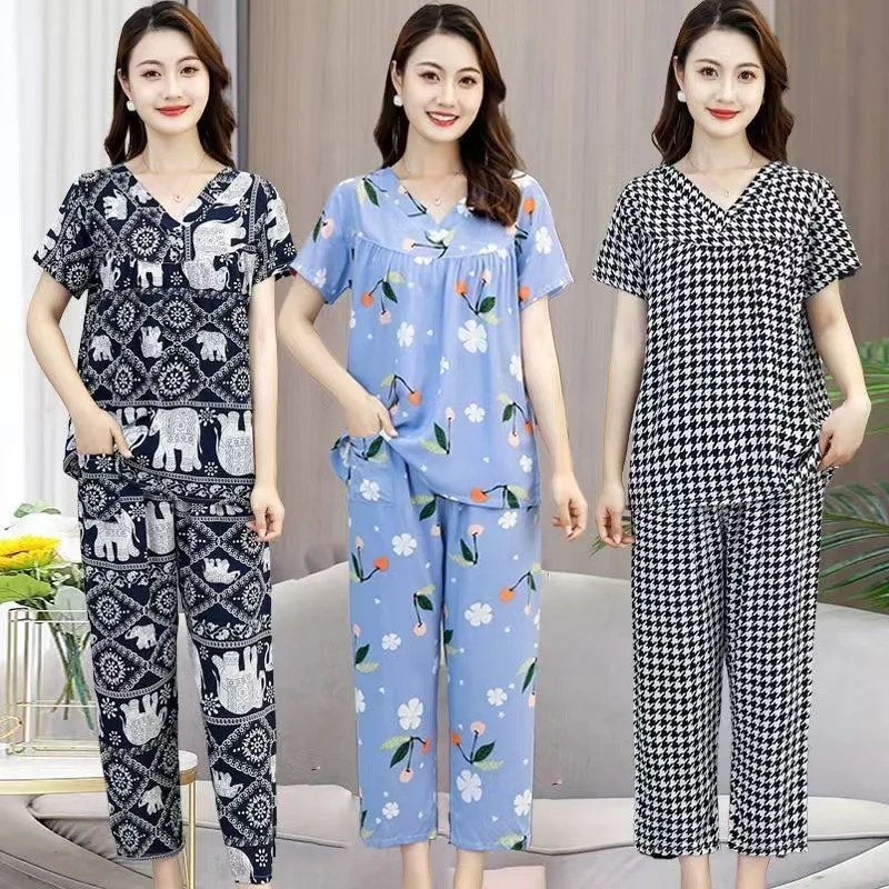 2 Pieces Women Sets Pajamas Summer Thin Mothers Cotton short-sleeved Shirts Long Pants two-piece Home Wear women's Sets