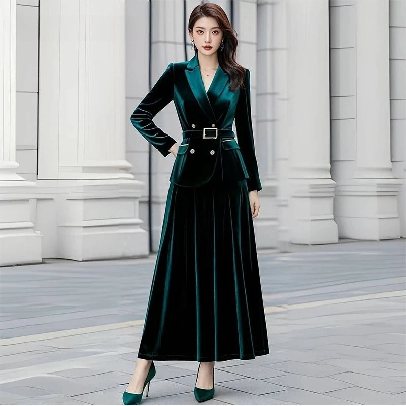 

Изумрудный бархатный костюм, женский пиджак из двух предметов, роскошная офисная одежда с осенним элегантным стилем