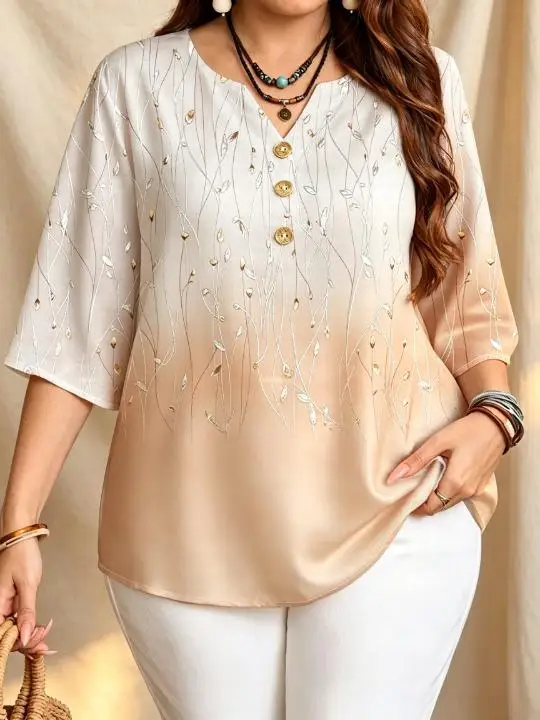 6 Colors Gradient Golden Line Plant Print Women Blouses Notch V Neck 3 Decor Buttons 3/4 Sleeve Elegant Loose Shirts
