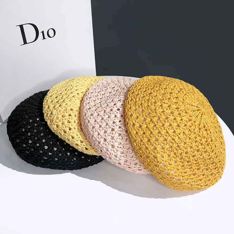 Japanese Simple Wild Beret Ladies Spring, Summer and Autumn Thin Hollow Straw Beret Wild British Beret Hollow Painter Hat