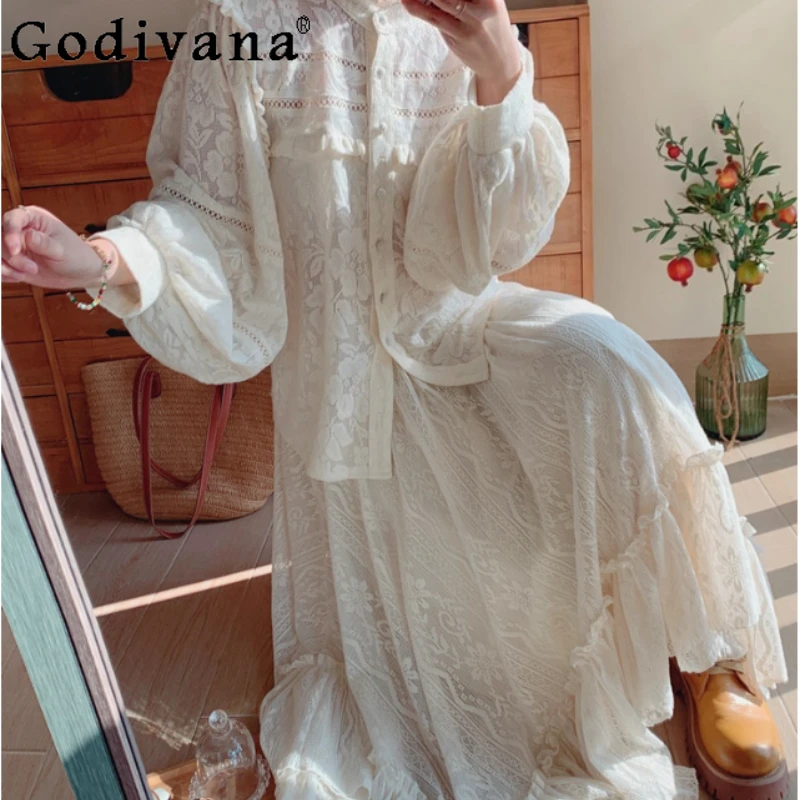 

Autumn Winter Elegant Japanese Retro Lace Velvet Irregular Ruffles Skirt Fashion Versatile Age-reducing High Waist Long Skirts