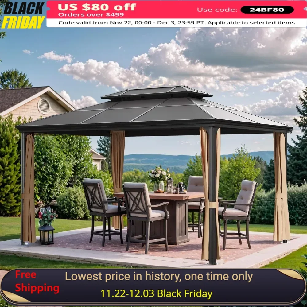 

10X13 FT Hardtop Gazebo Double Polycarbonate Roof Outdoor Canopy Gazebo with Nettings and Curtains Aluminum Frame