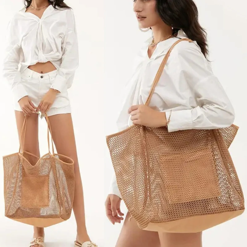 

Women Mesh Shopping Bag Foldable Tote Folding Pouch Handbags Fashion Casual Large-capacity Travel Beach Grocery Nylon Bags
