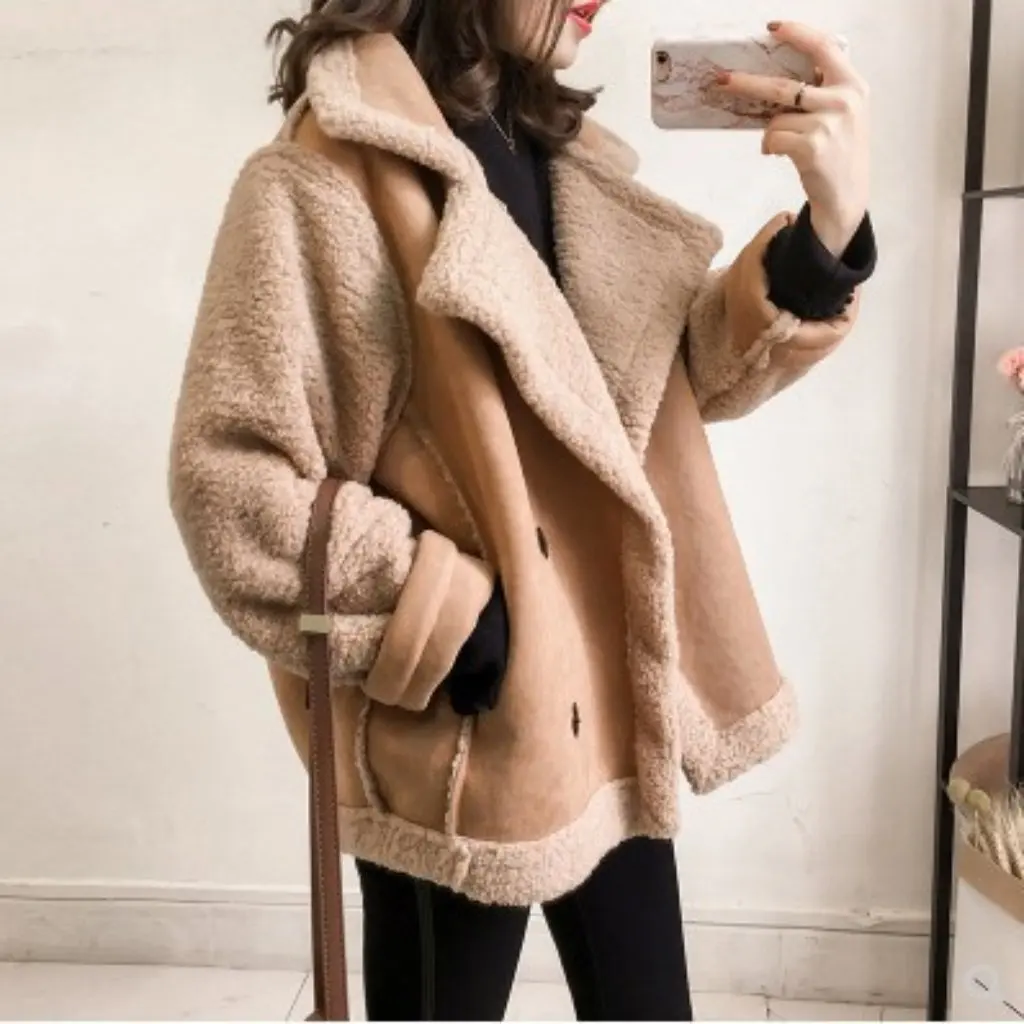 

Women's Large Lapel Lamb Wool Coat BF Style Loose Fur Integrated Suede Motorcycle Jacket Winter Fashion