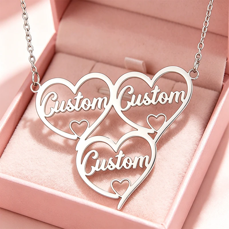 Customized Heart Shape Multiple Names Pendant Necklace Woman Mother Family Members Name Personalized Necklace Couples Jewelry